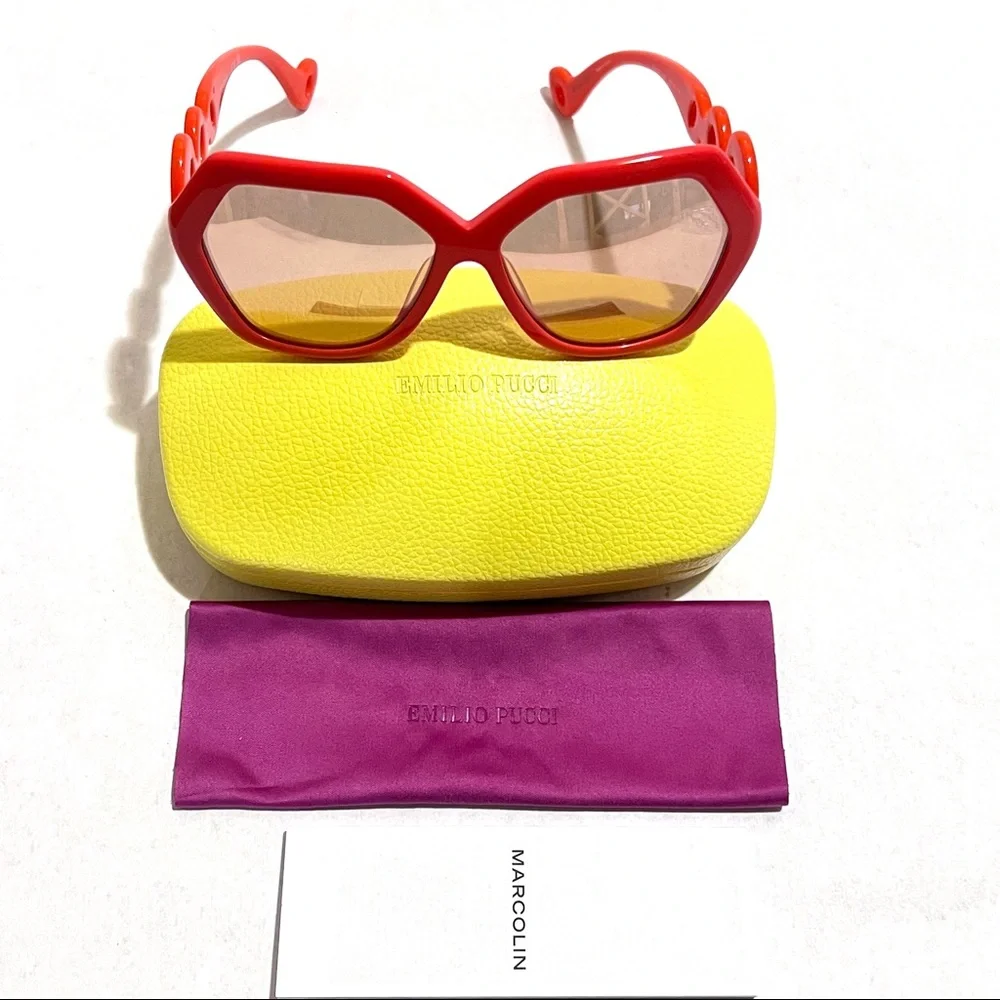 Authentic Emilio Pucci 59mm Geometric Sunglasses Shiny Orange/Mirror Lens - Picture 15 of 17
